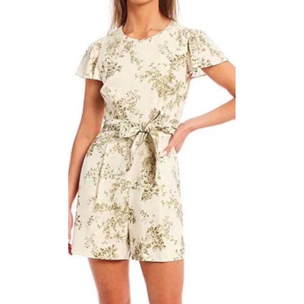 Antonio Melani Floral Flutter Sleeve Romper Cream Green Linen Blend Size 4